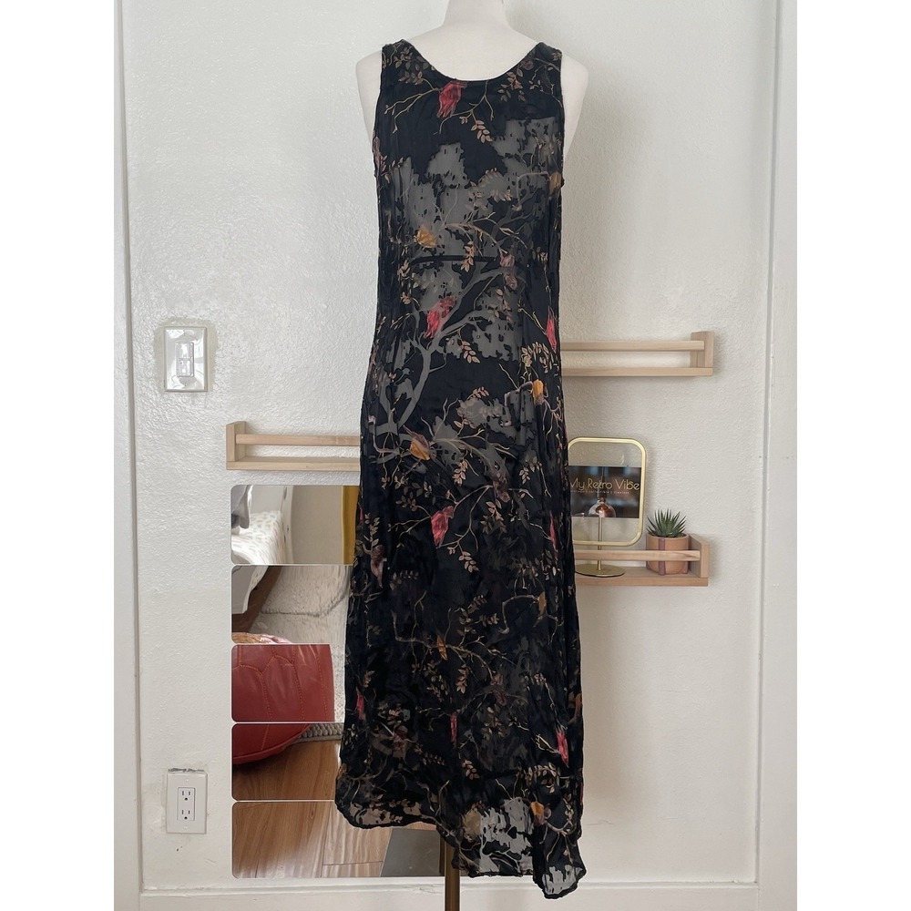 Citron Santa Monica Vintage 90s Sheer Silk Black Velvet Midi Dress - Picture 4 of 4